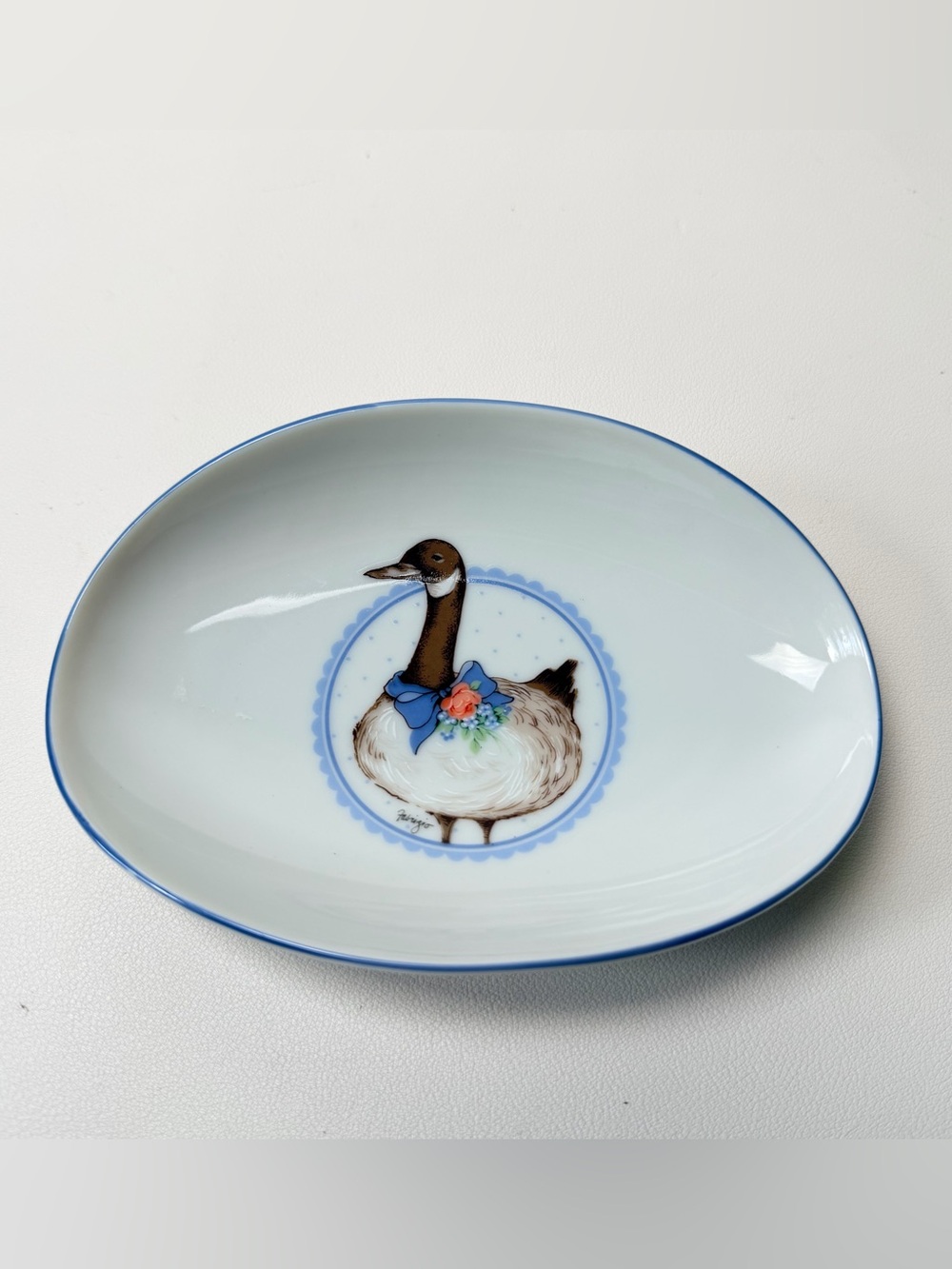 Vintage 1985 Small Oval George Good Trinket Dish Fabrizio Country Goose Pattern